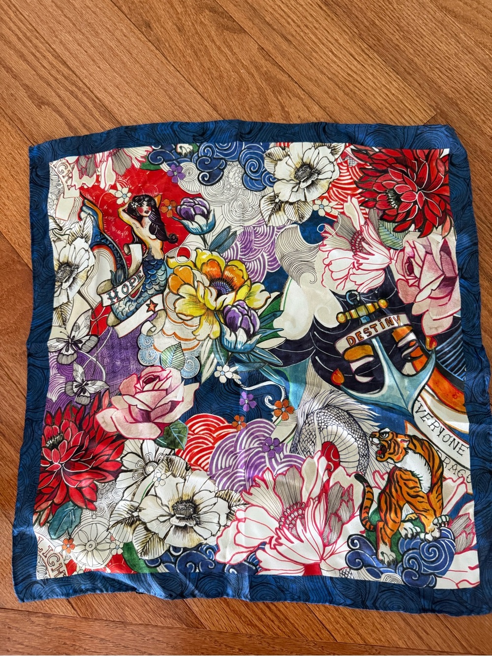 Robert Graham Multicolor Floral & Tiger Silk Scarf with Navy Border